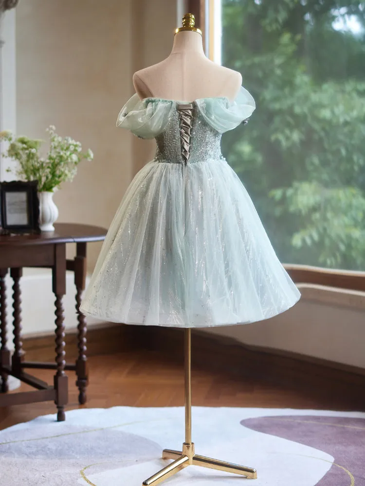 Mint Green A-Line Off the Shoulder Tulle Homecoming Dresses