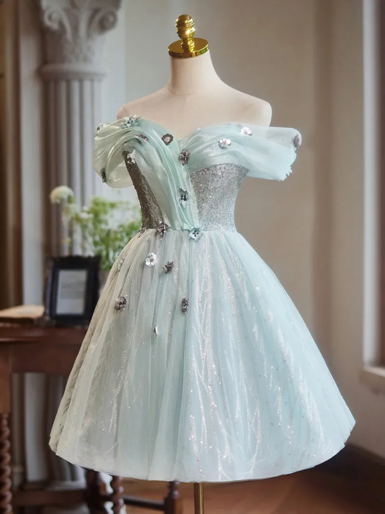 Mint Green A-Line Off the Shoulder Tulle Homecoming Dresses