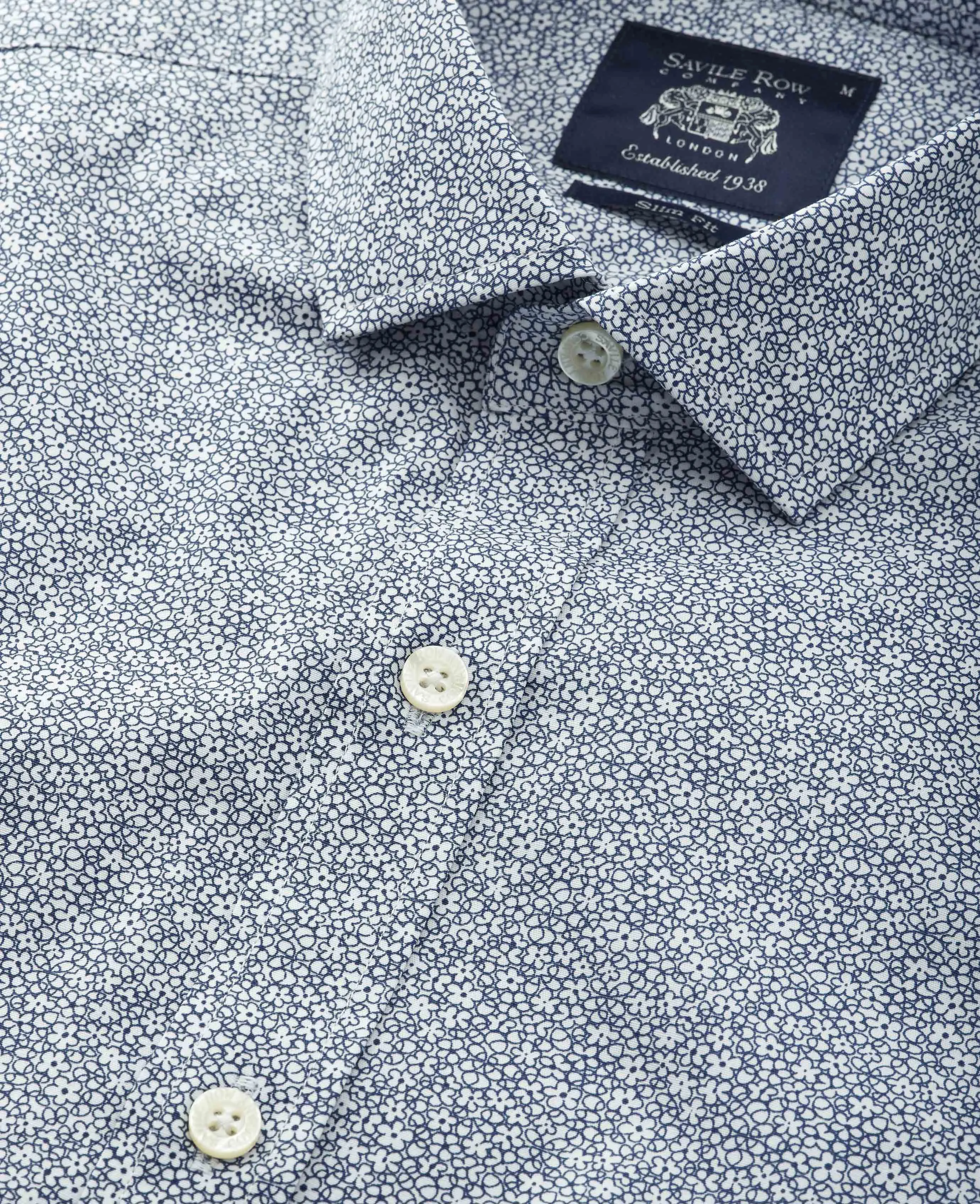 Navy White Stretch Cotton Printed Slim Fit Casual Shirt