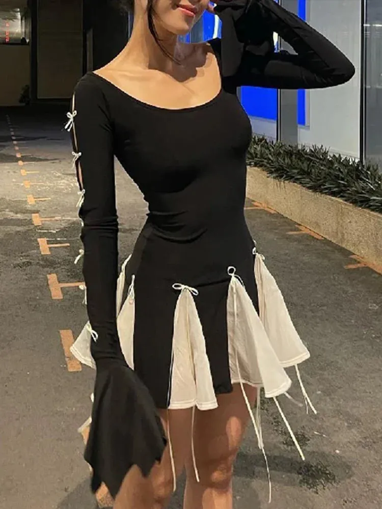 New Mini Autumn Fashion Flare Sleeve Bandage Black Club Elegant Party A-Line Dress