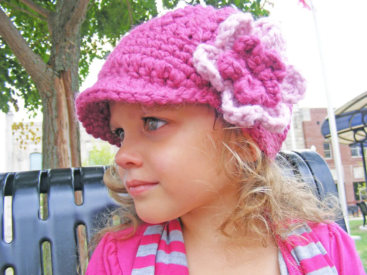 Raspberry pink & bubblegum pink flower beanie winter hat