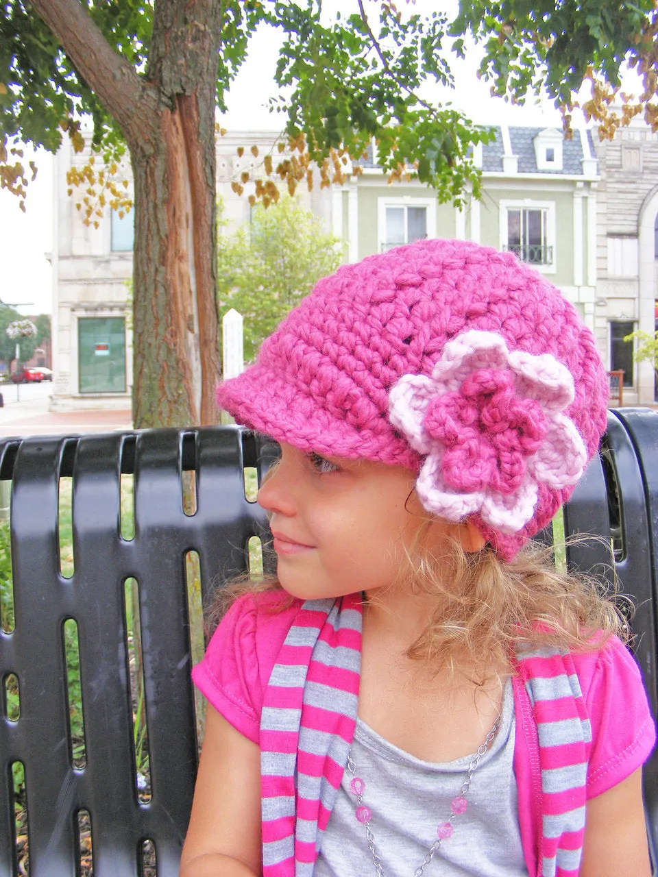 Raspberry pink & bubblegum pink flower beanie winter hat