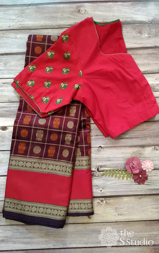 Red cotton blouse with all over embroidery