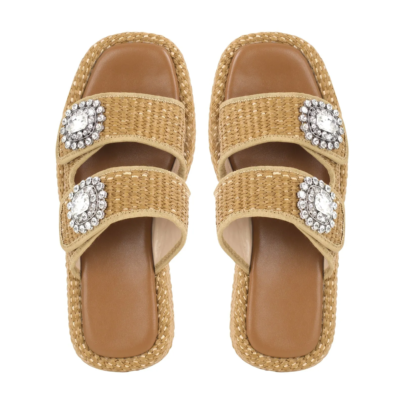 Rhinestone Square Toe Straw Platform Slippers