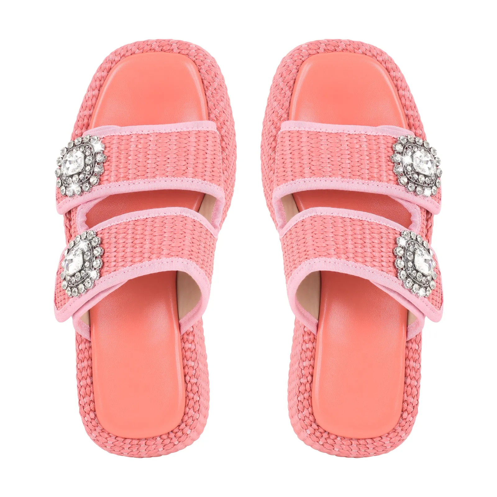 Rhinestone Square Toe Straw Platform Slippers