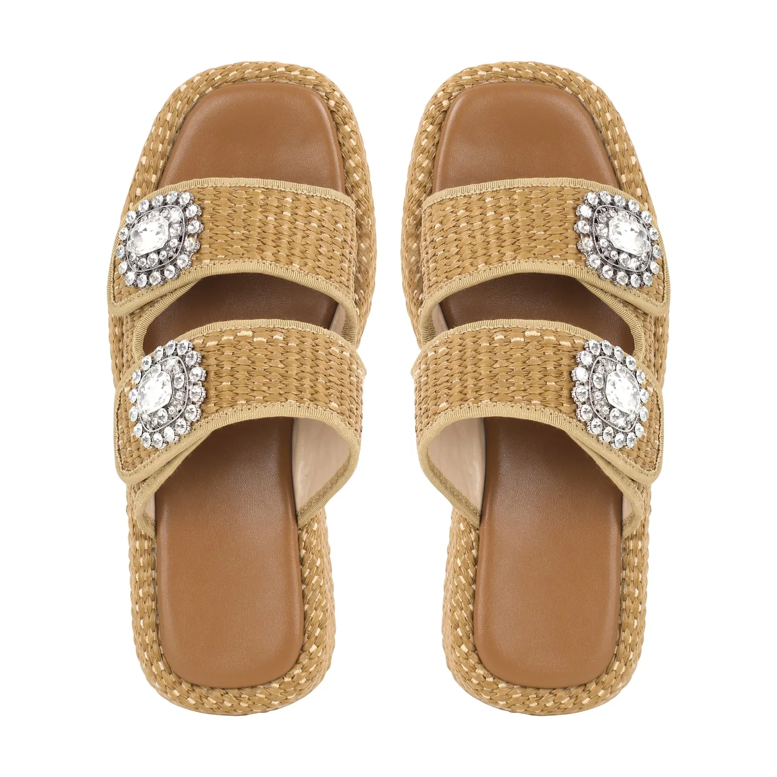 Rhinestone Square Toe Straw Platform Slippers