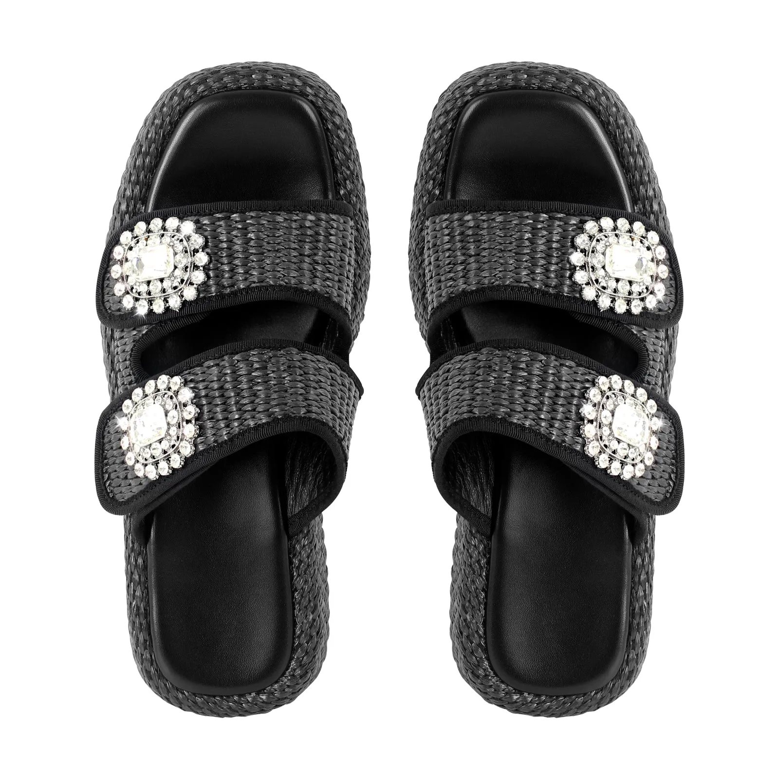 Rhinestone Square Toe Straw Platform Slippers