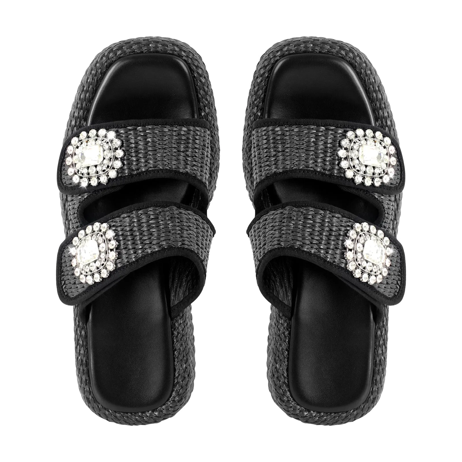 Rhinestone Square Toe Straw Platform Slippers