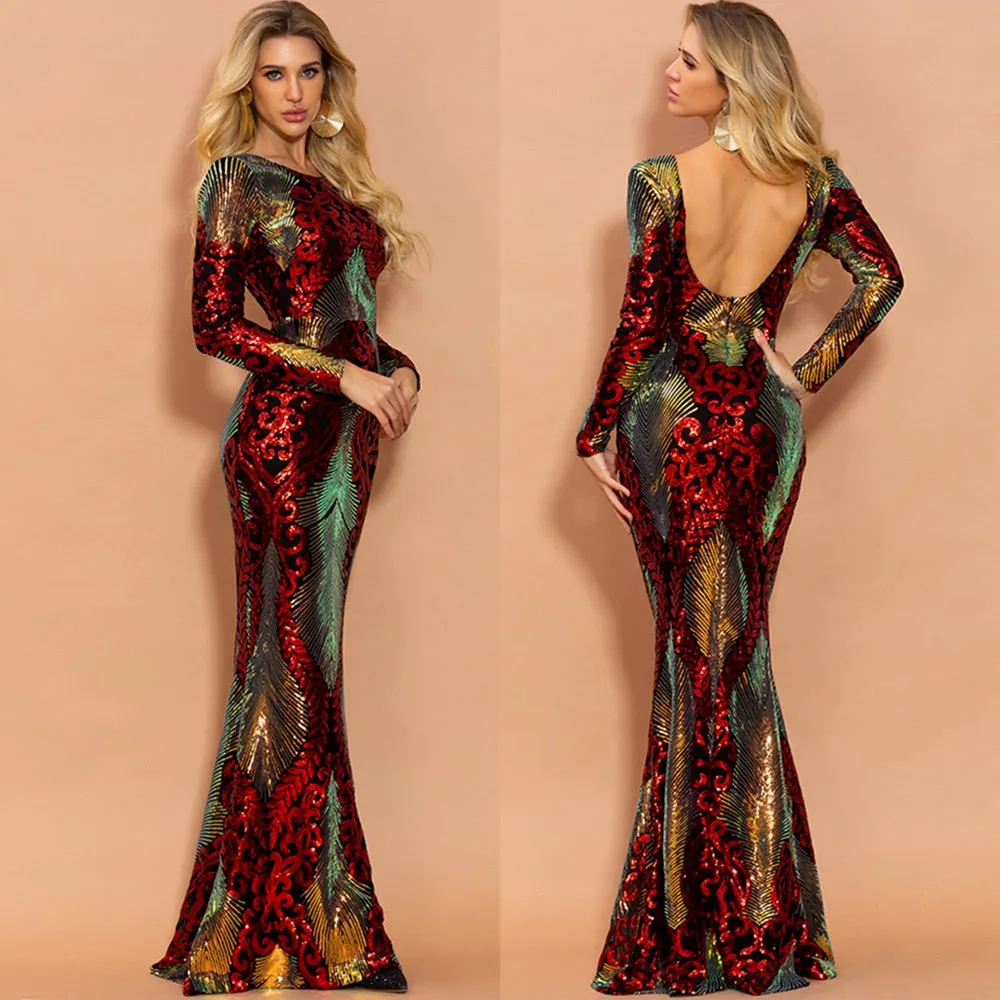 Sexy O Neck Long Sleeve Backless Sequin Dresses