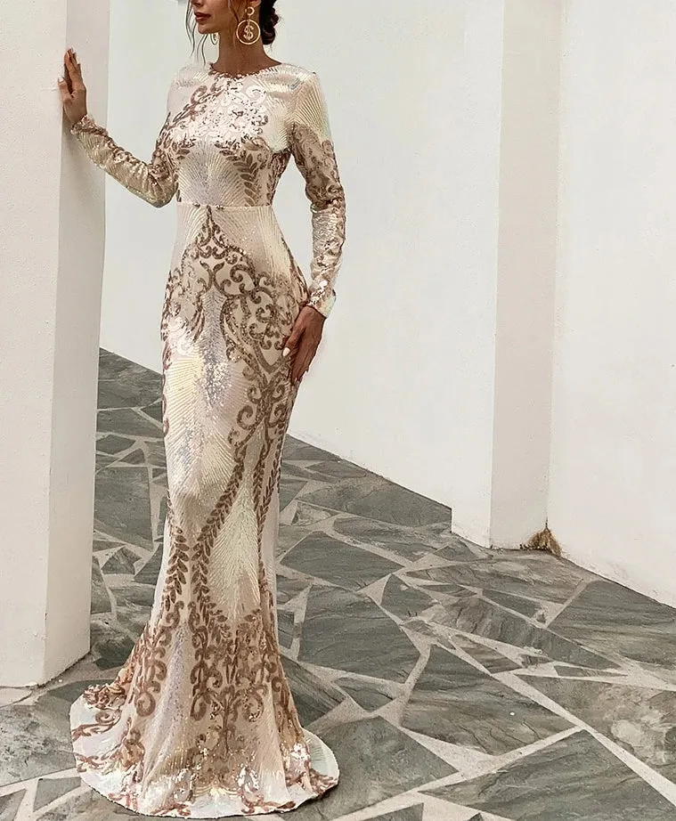 Sexy O Neck Long Sleeve Backless Sequin Dresses