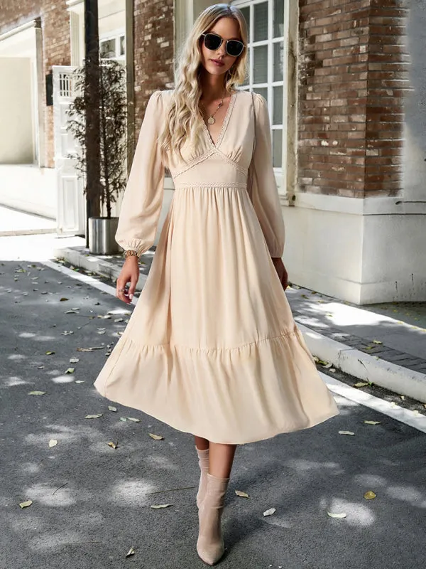 Solid Elegant Long Sleeve Tiered Lace V-Neck Midi Dress