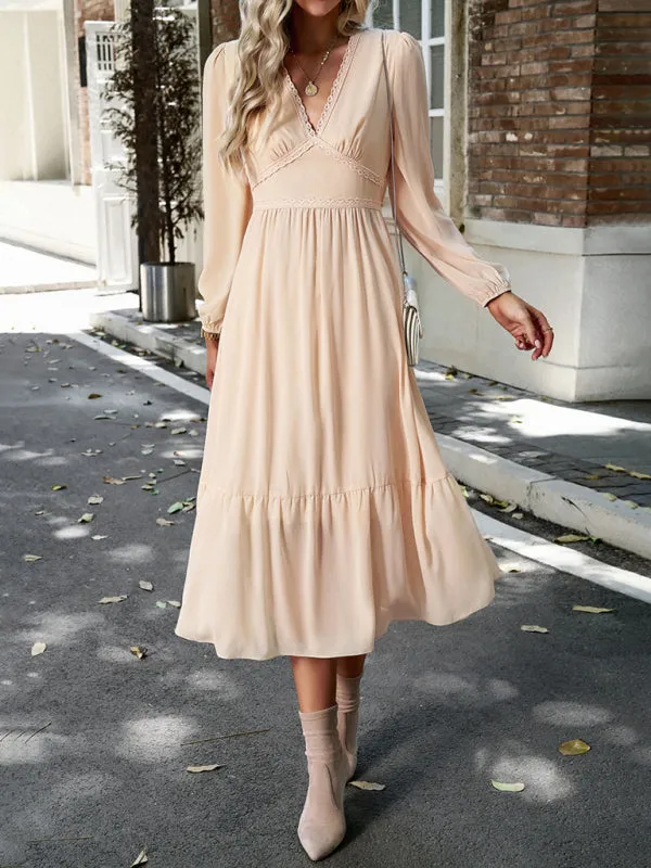 Solid Elegant Long Sleeve Tiered Lace V-Neck Midi Dress