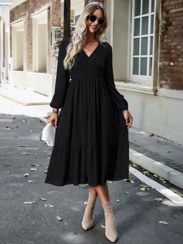 Solid Elegant Long Sleeve Tiered Lace V-Neck Midi Dress