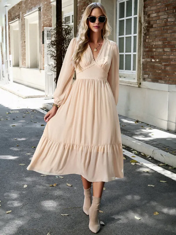 Solid Elegant Long Sleeve Tiered Lace V-Neck Midi Dress