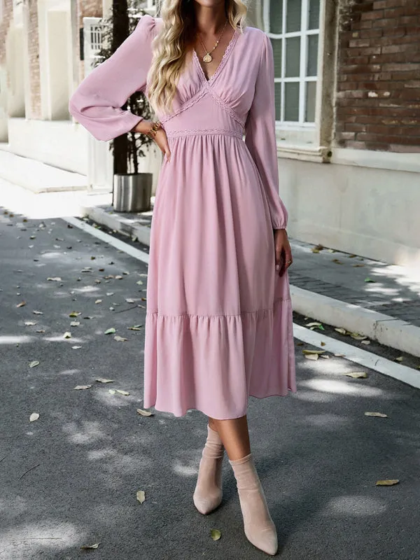 Solid Elegant Long Sleeve Tiered Lace V-Neck Midi Dress