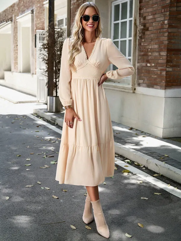 Solid Elegant Long Sleeve Tiered Lace V-Neck Midi Dress