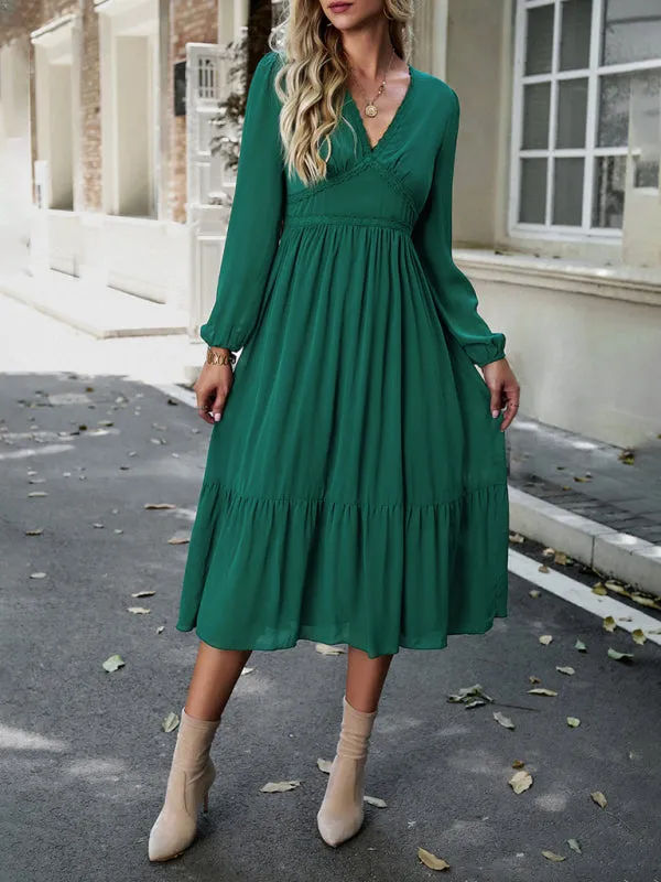 Solid Elegant Long Sleeve Tiered Lace V-Neck Midi Dress