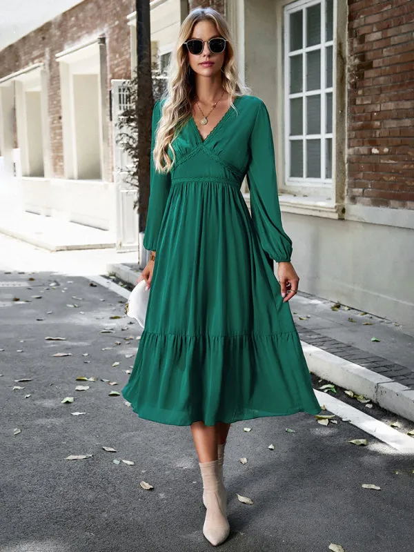 Solid Elegant Long Sleeve Tiered Lace V-Neck Midi Dress