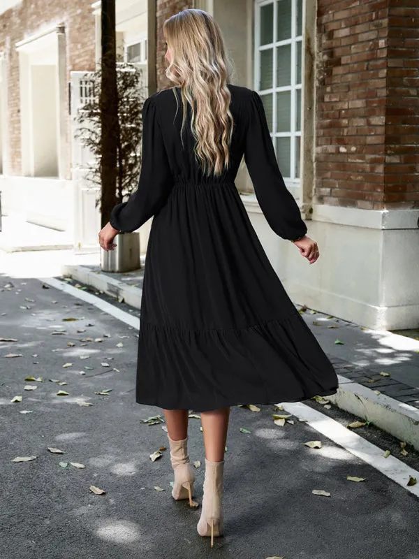 Solid Elegant Long Sleeve Tiered Lace V-Neck Midi Dress