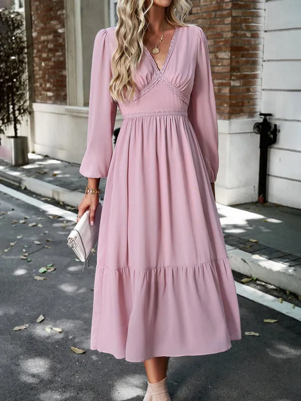 Solid Elegant Long Sleeve Tiered Lace V-Neck Midi Dress