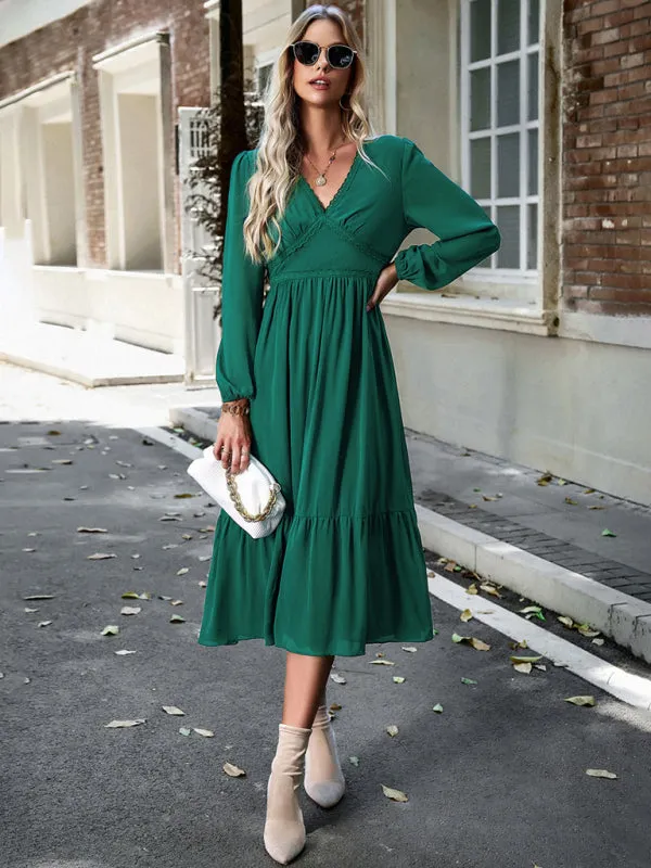 Solid Elegant Long Sleeve Tiered Lace V-Neck Midi Dress