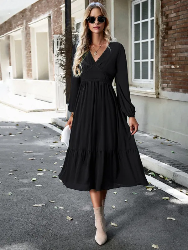 Solid Elegant Long Sleeve Tiered Lace V-Neck Midi Dress