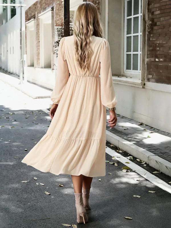 Solid Elegant Long Sleeve Tiered Lace V-Neck Midi Dress