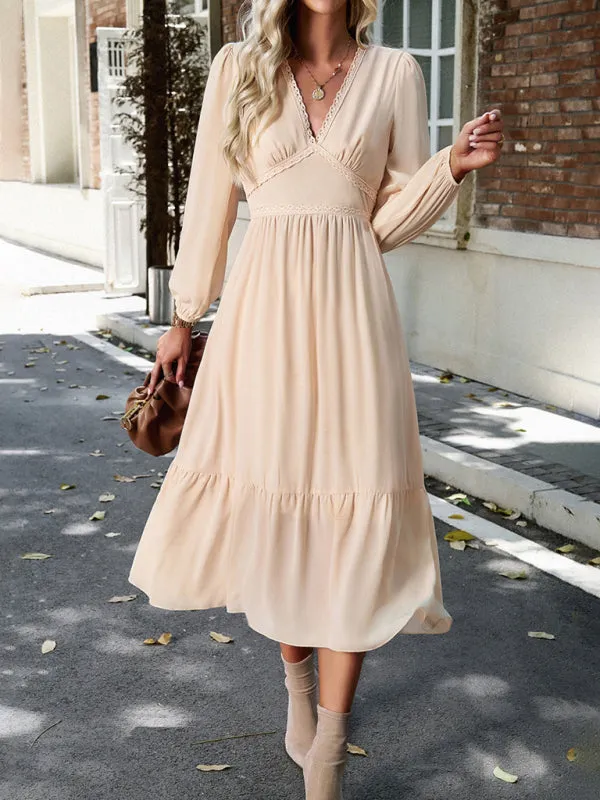 Solid Elegant Long Sleeve Tiered Lace V-Neck Midi Dress