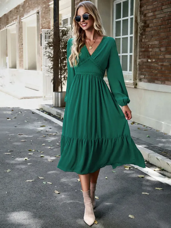 Solid Elegant Long Sleeve Tiered Lace V-Neck Midi Dress