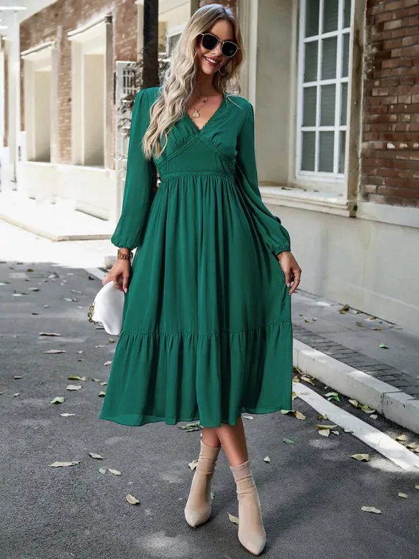 Solid Elegant Long Sleeve Tiered Lace V-Neck Midi Dress