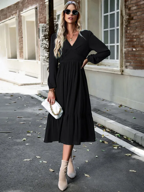 Solid Elegant Long Sleeve Tiered Lace V-Neck Midi Dress