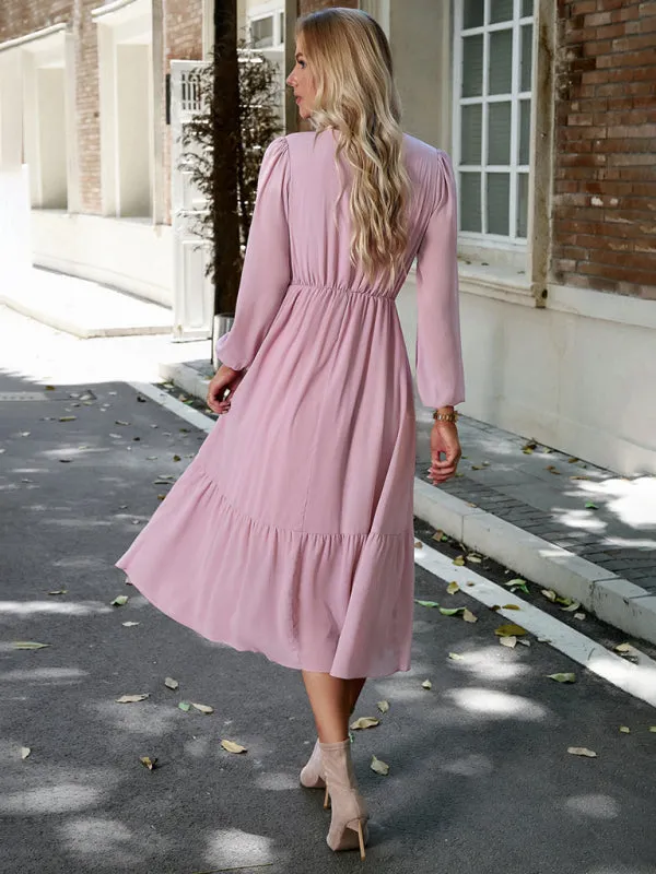 Solid Elegant Long Sleeve Tiered Lace V-Neck Midi Dress