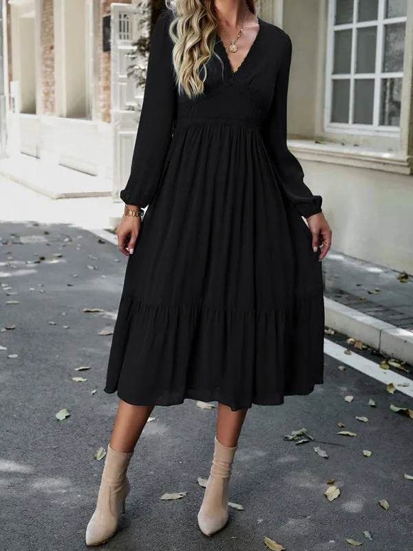 Solid Elegant Long Sleeve Tiered Lace V-Neck Midi Dress