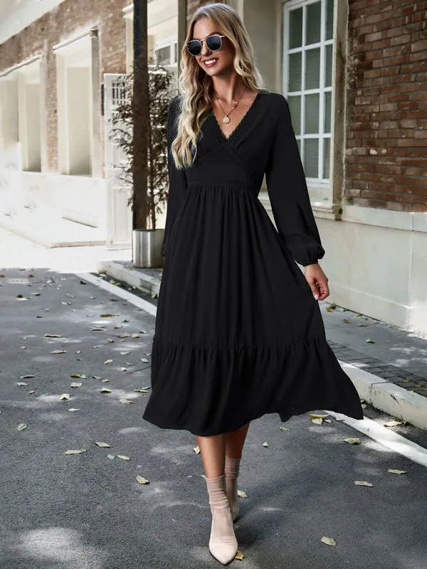 Solid Elegant Long Sleeve Tiered Lace V-Neck Midi Dress