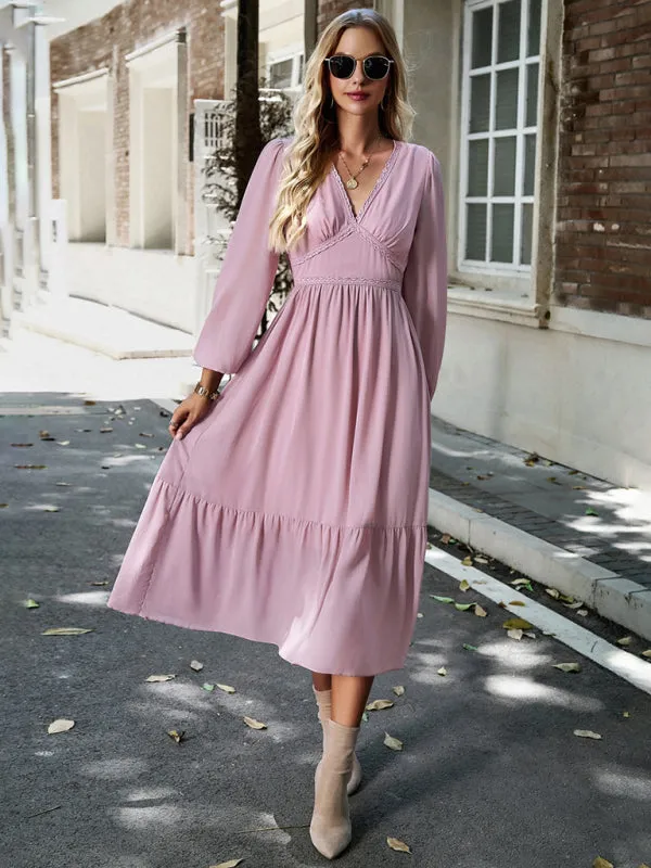 Solid Elegant Long Sleeve Tiered Lace V-Neck Midi Dress