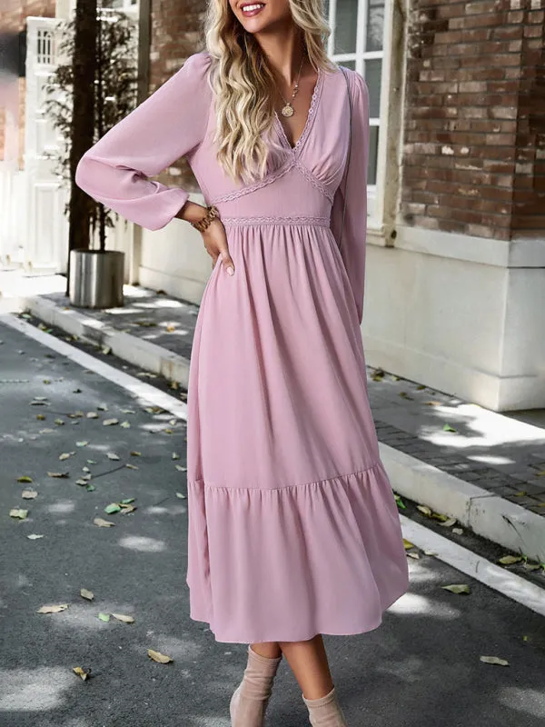 Solid Elegant Long Sleeve Tiered Lace V-Neck Midi Dress