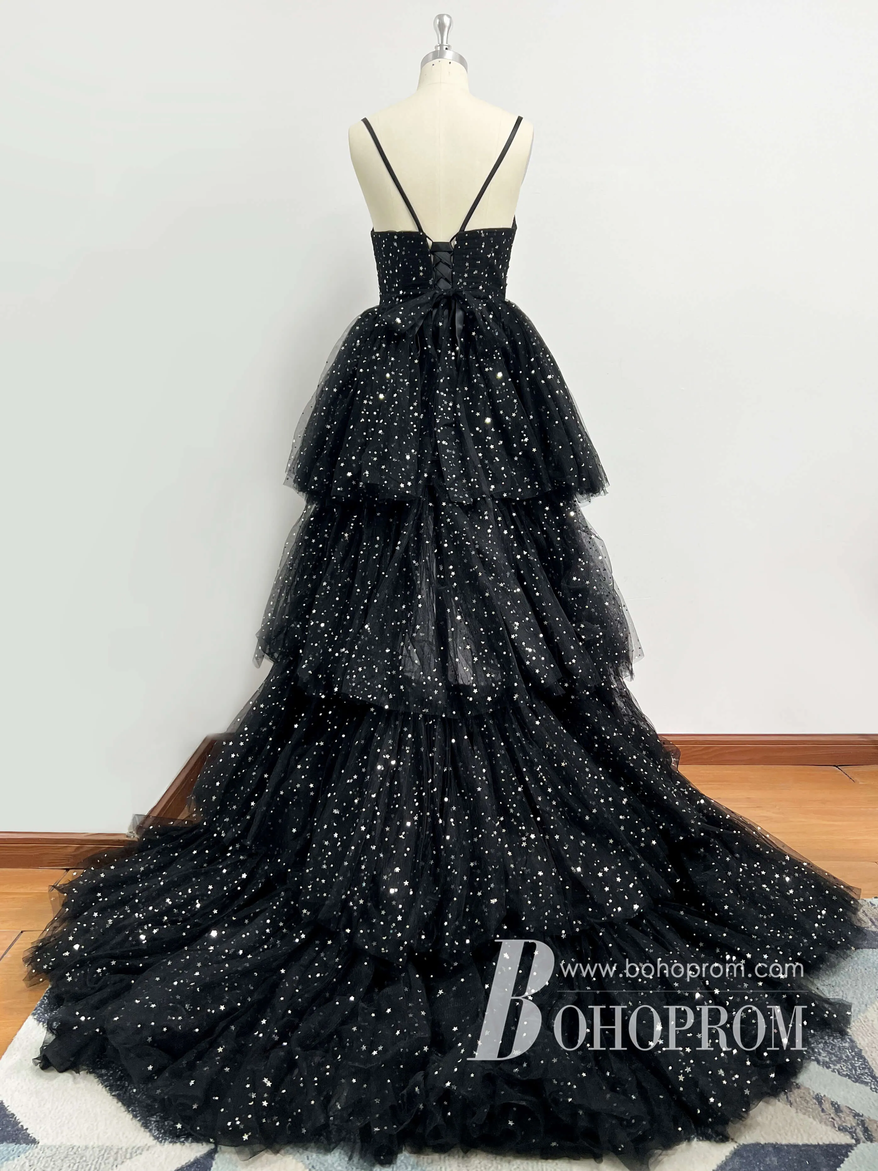 Sparkly Spaghetti Straps High-low Tulle A-line Sweep Train Prom Dress PD617