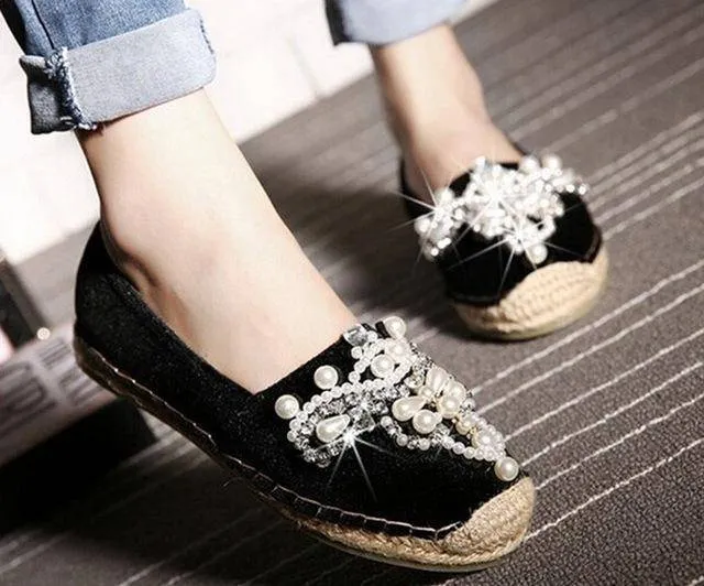 Spring Faux Pearl loafers Rhinestone hemp straw flat