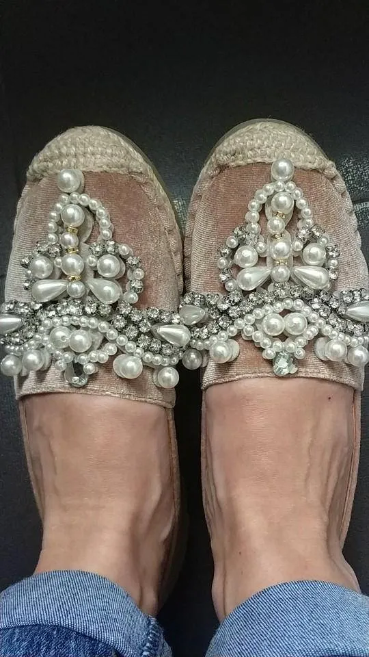 Spring Faux Pearl loafers Rhinestone hemp straw flat