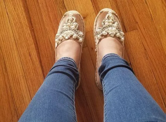 Spring Faux Pearl loafers Rhinestone hemp straw flat