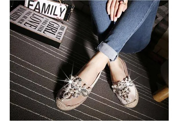 Spring Faux Pearl loafers Rhinestone hemp straw flat