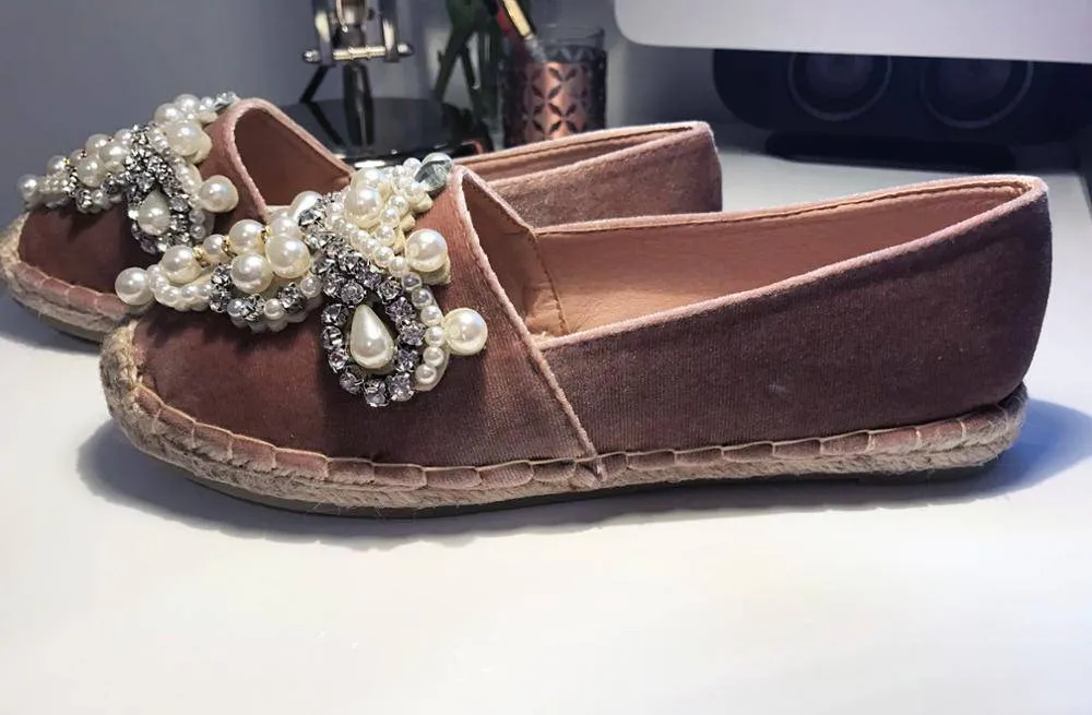 Spring Faux Pearl loafers Rhinestone hemp straw flat