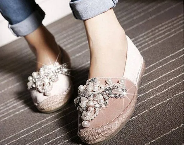 Spring Faux Pearl loafers Rhinestone hemp straw flat