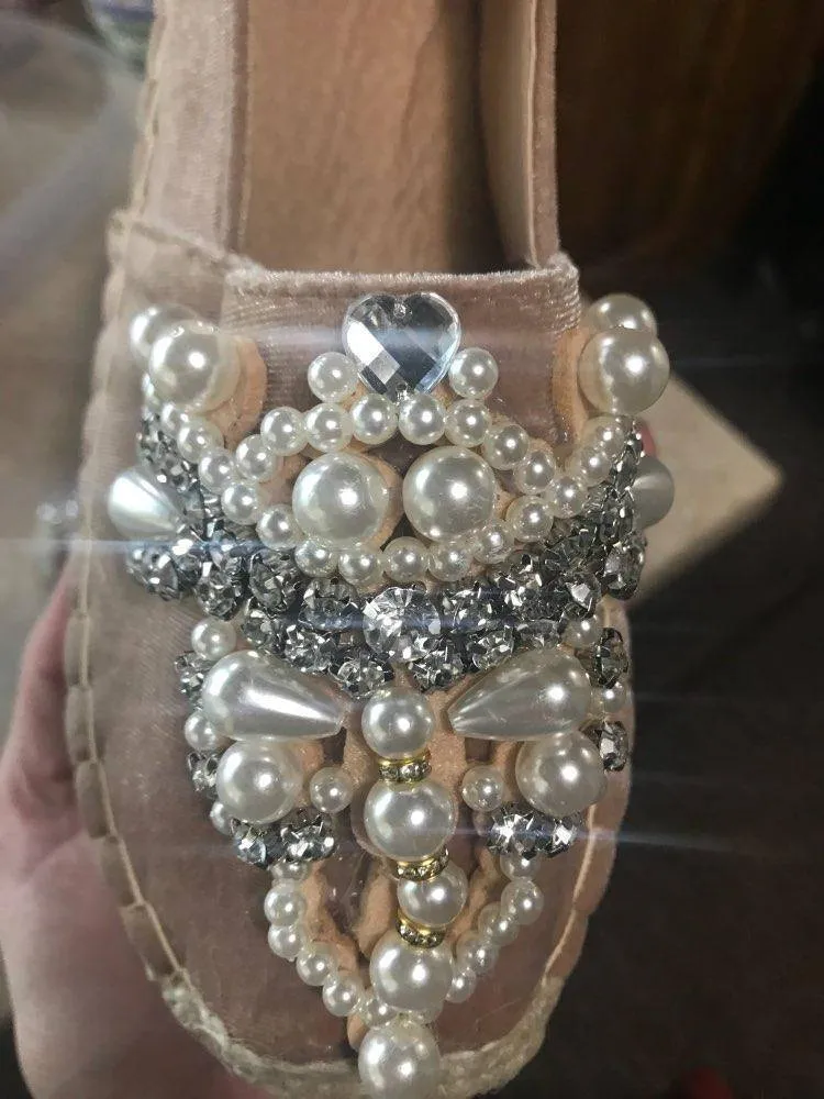 Spring Faux Pearl loafers Rhinestone hemp straw flat