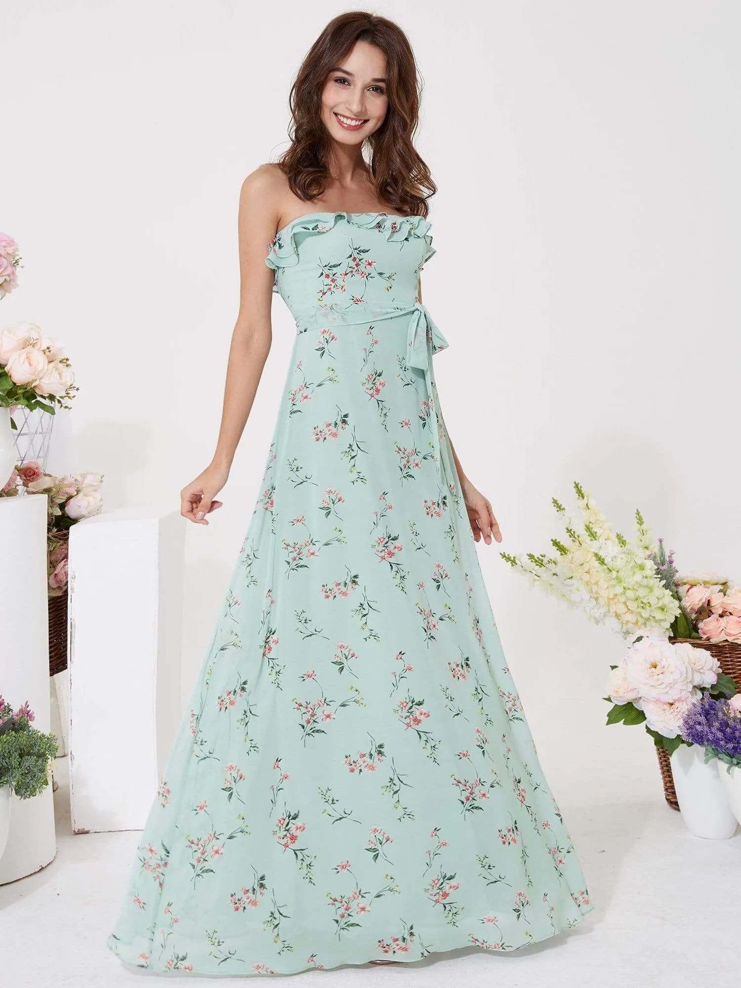 Strapless Ruffles Floral Print Maxi Dress