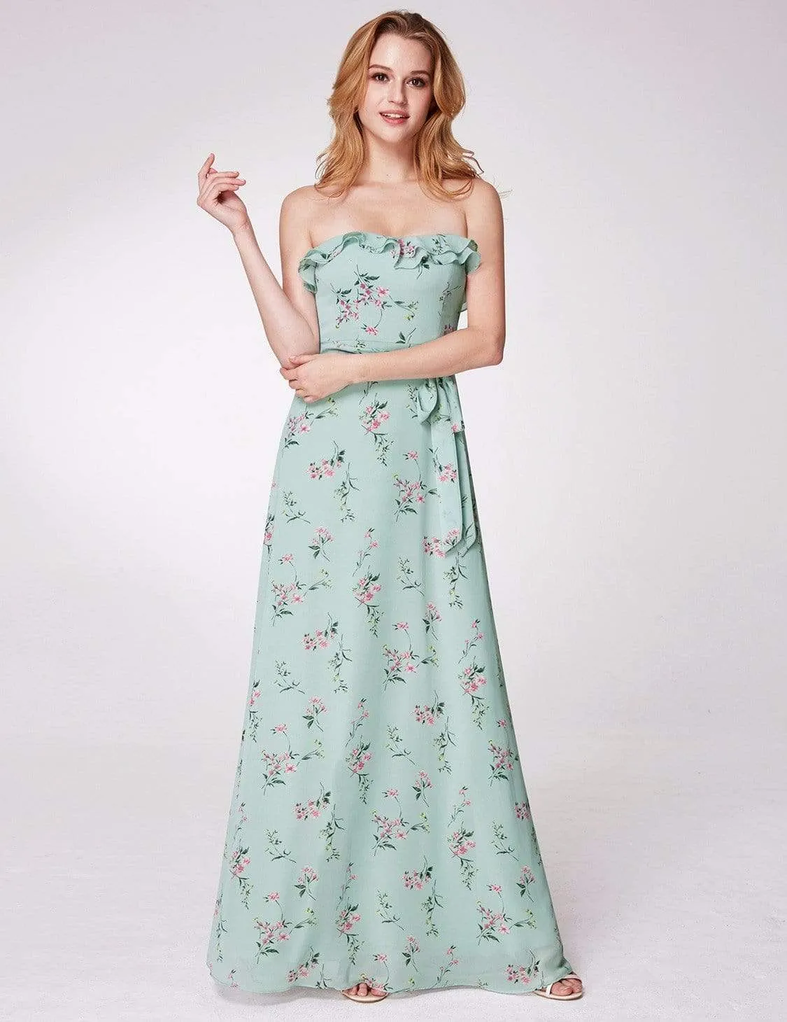 Strapless Ruffles Floral Print Maxi Dress