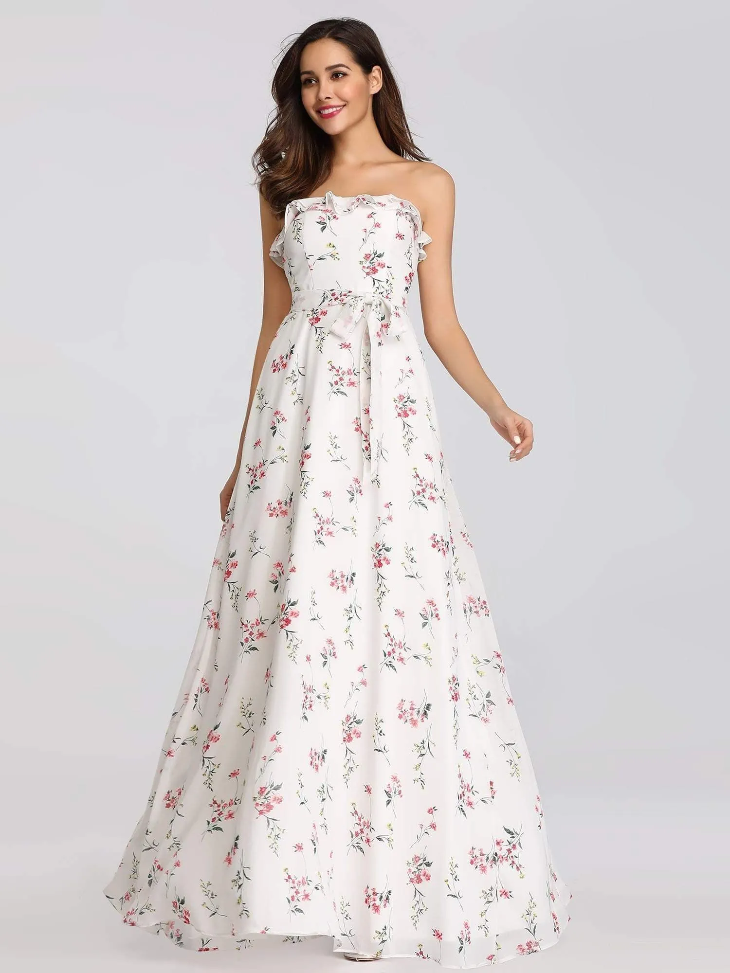 Strapless Ruffles Floral Print Maxi Dress