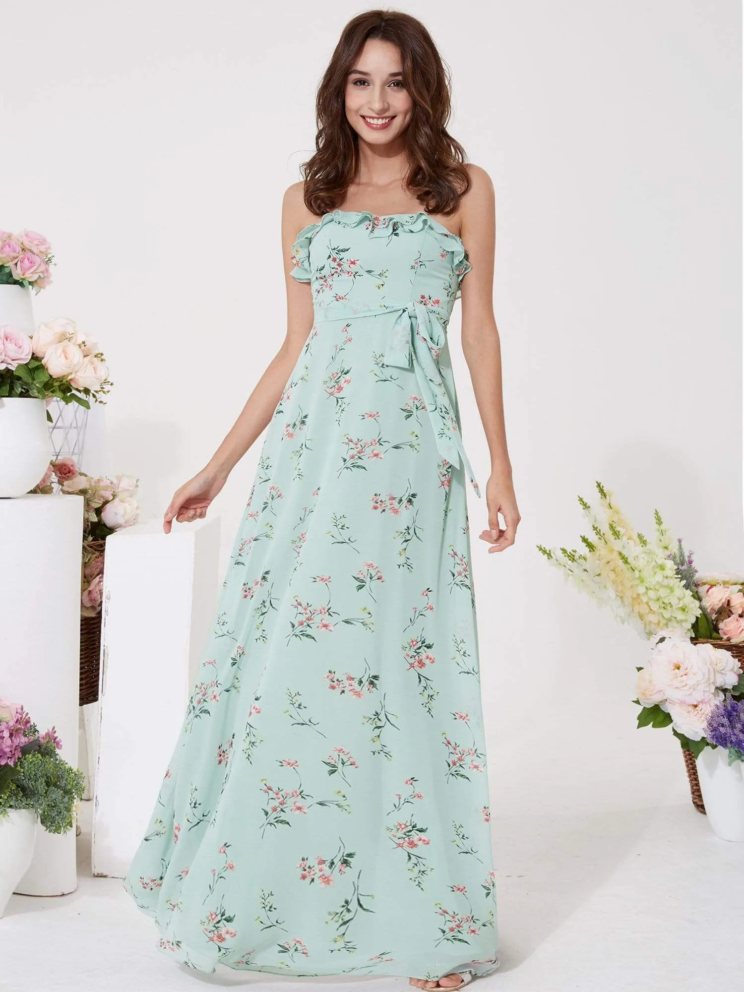 Strapless Ruffles Floral Print Maxi Dress