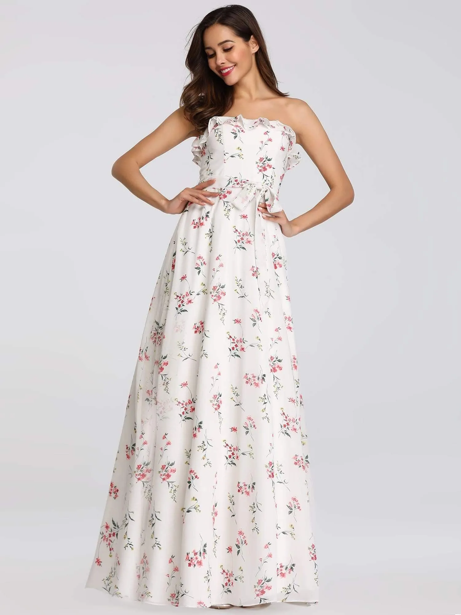 Strapless Ruffles Floral Print Maxi Dress