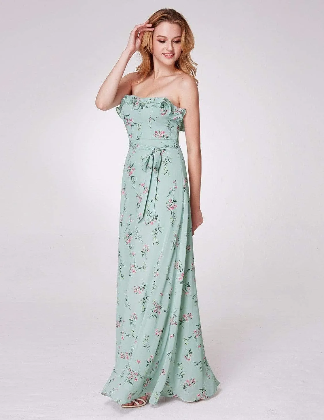 Strapless Ruffles Floral Print Maxi Dress